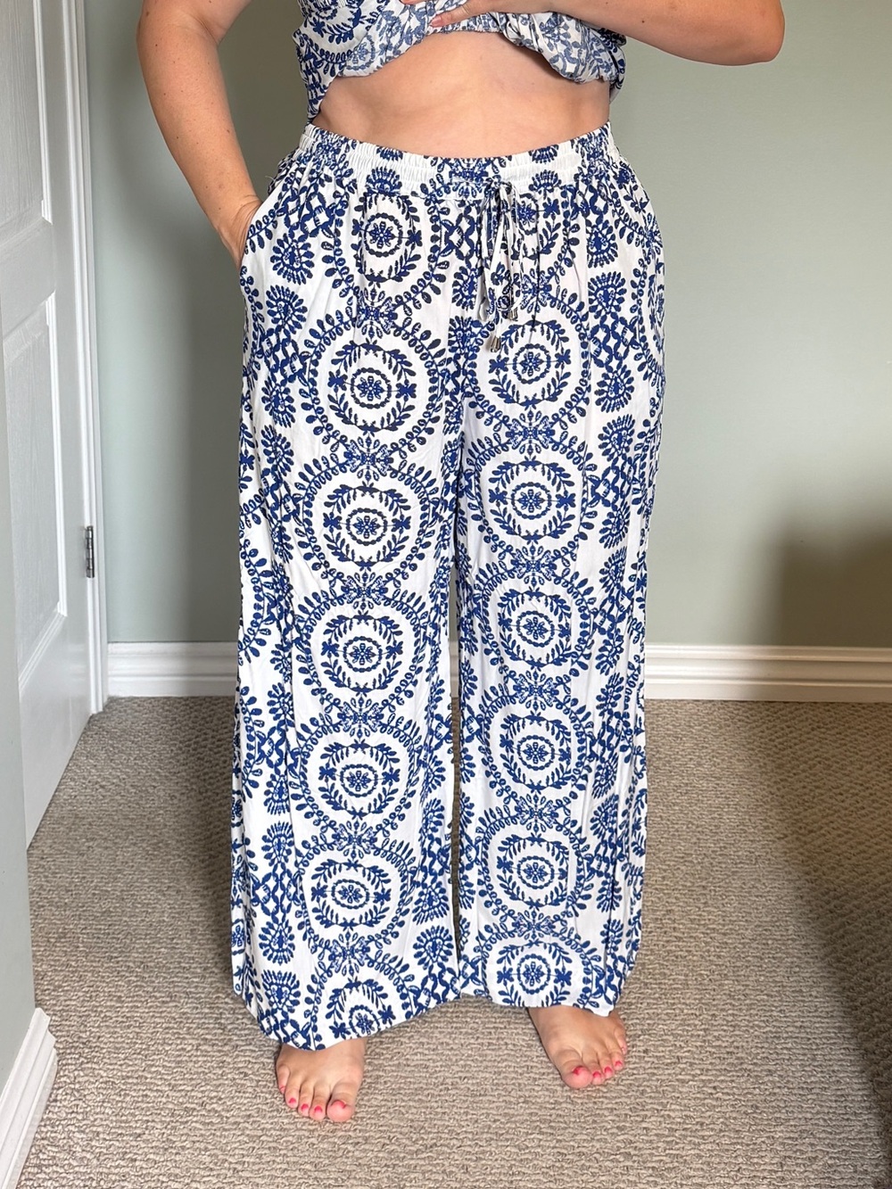 Proud Poppy Mykonos Print Wide-Leg Drawstring Pants
